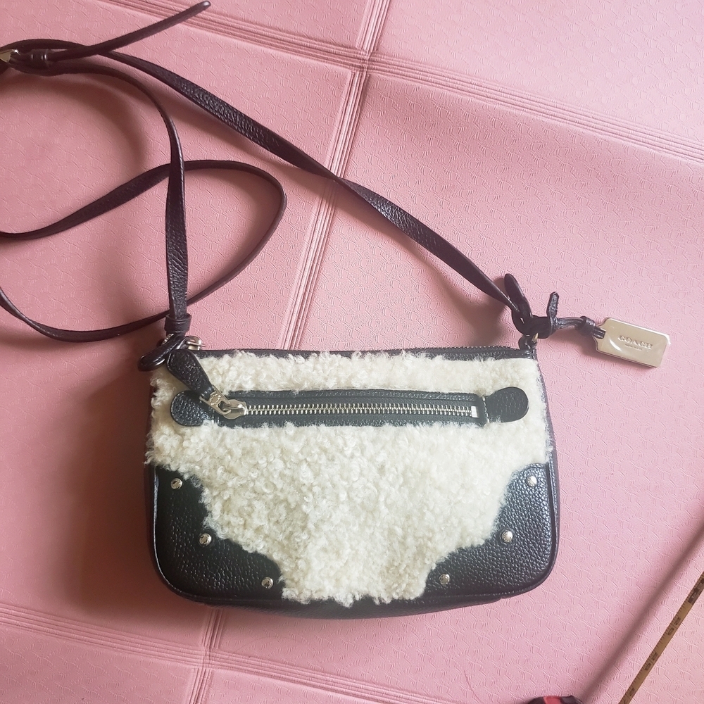 Coach Small Rhyder Pochette Shearling Crossbody Bag Wool Pebbled Leather - Picture 1 of 12
